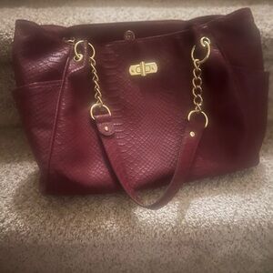 Merlot Hand Bag  with gold straps - crocodile faux deep Merlot like color
